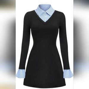 Black V-Neck Dress with Striped Cuffs